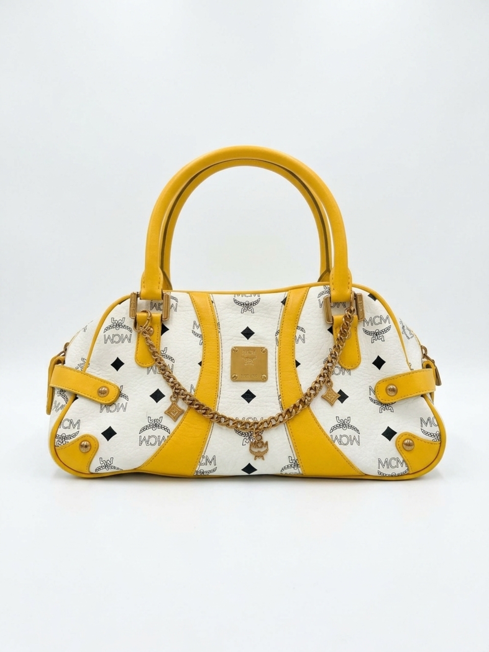 MCM Vintage Ella Boston Bag White Yellow Visetos Monogram Charm Chain Satchel